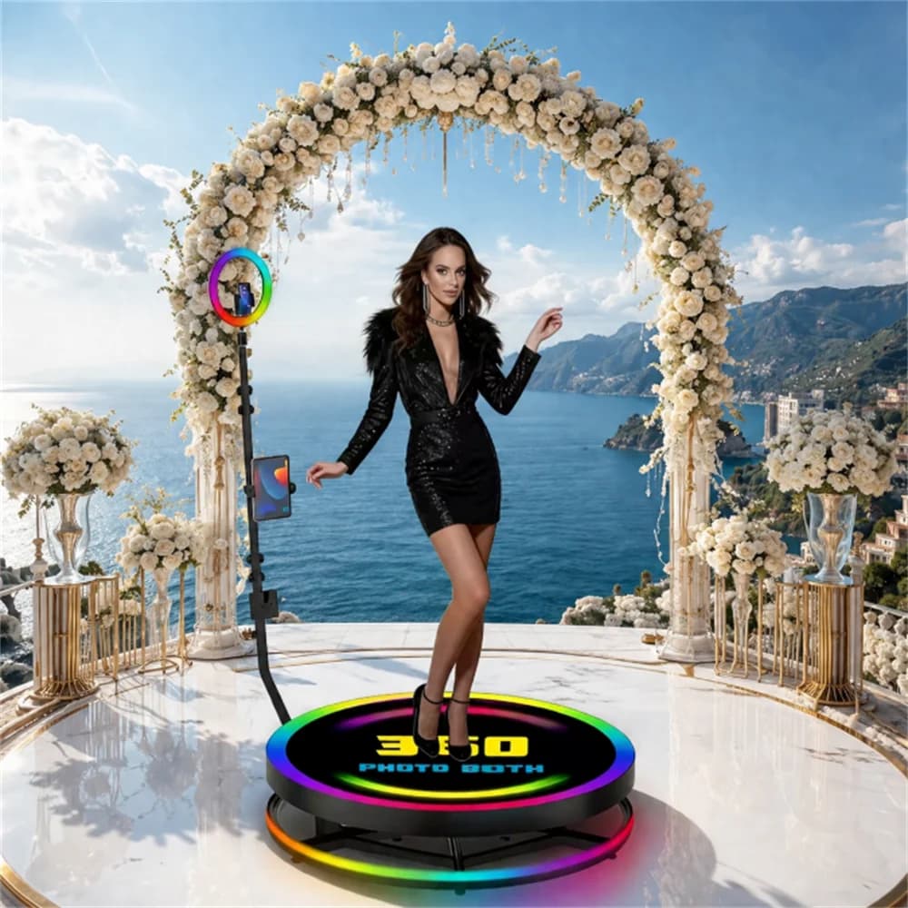 Cabina de Fotos con Plataforma Metálica 360 para Fiestas de Boda Cabina de Fotos Automática con Cámara de Rotación Automática y Video en Cámara
