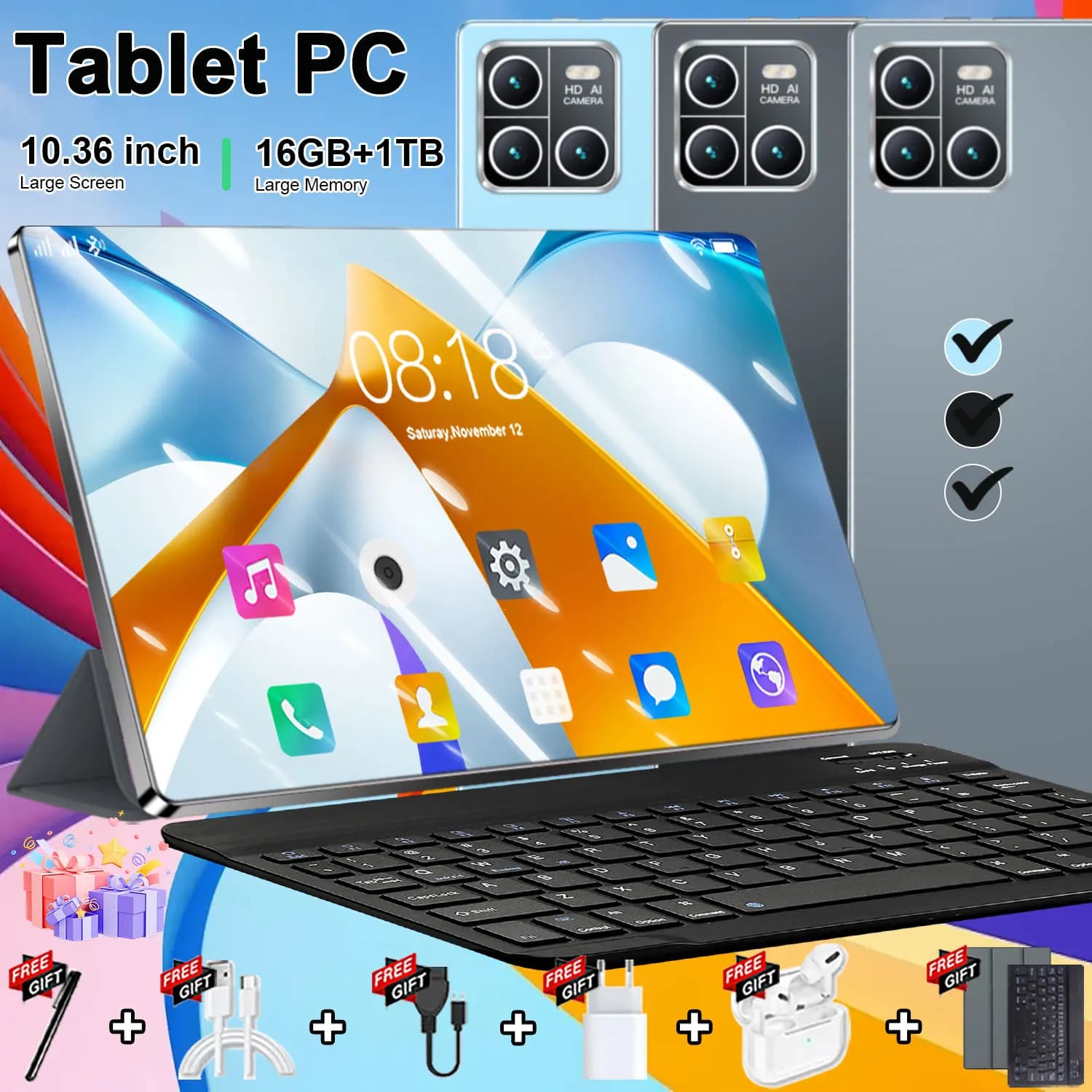 Tablet 2026 Versión Global 5G, Android 10.36 Pulgadas, 16GB RAM, 1TB ROM, 20000mAh, 14 Núcleos, Android 13.0, WiFi, Doble SIM, Red, WPS, GPS,