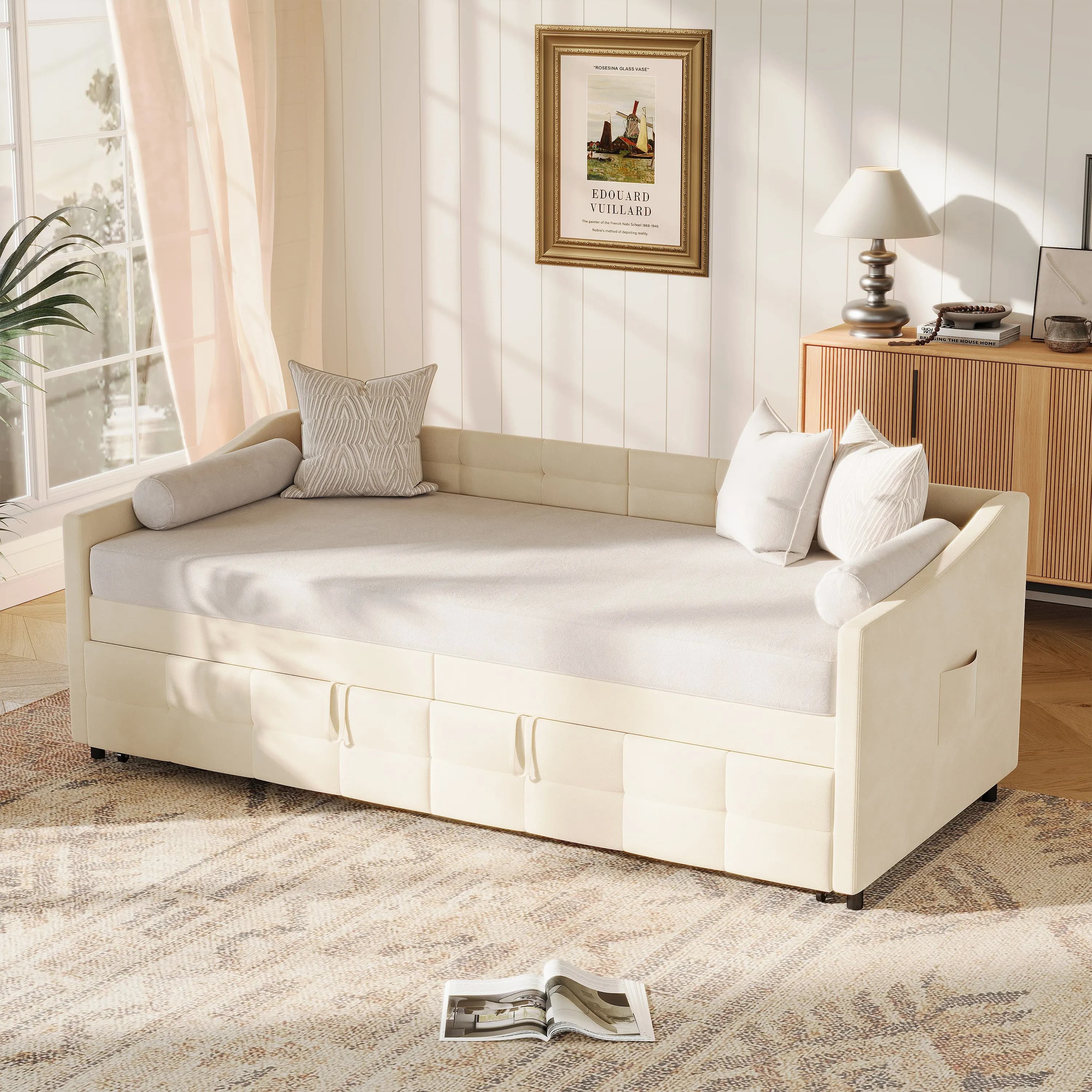 Rosahqnda Sofá cama tapizado 90/180x200 cm Sofá cama extraíble Cama individual Cama nido