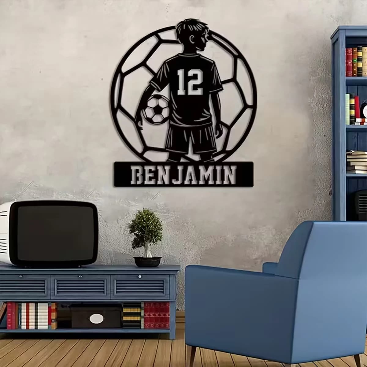 Letrero Metálico Personalizado de Fútbol para Niño - Nombre Personalizado, Jugador de Fútbol # 12 con Diseño de Balón - Decoración de Hierro