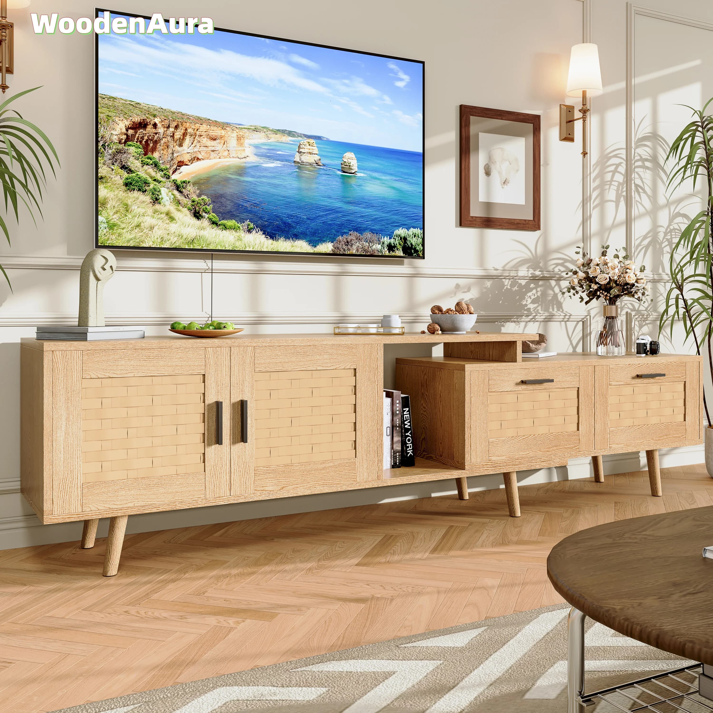 WoodenAura Mueble de TV extensible, estructura de madera maciza, mueble de TV tejido en bambú, mueble de TV de madera maciza, mesa auxiliar, color