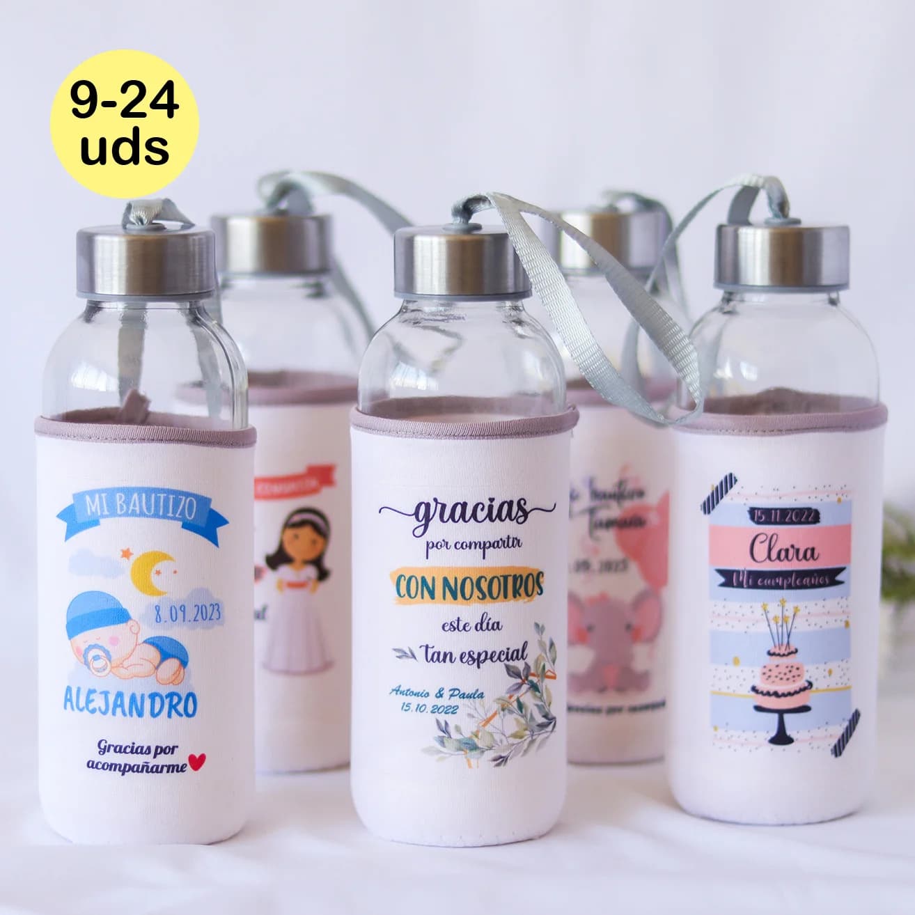 Lote de 9 a 24 botella de agua personalizada, 420ml, Detalles de comunion para niños, Recuerdos de bautizo, Detalles comunion invitados, Regalos