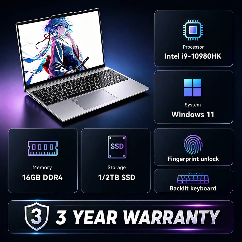 Portátil 2026 con Desbloqueo por Huella Dactilar, Pantalla de 15.6 Pulgadas, Intel Core i9-10980HK/Core i9-9900, Windows 11 Pro, 16GB DDR4, 1TB SSD,