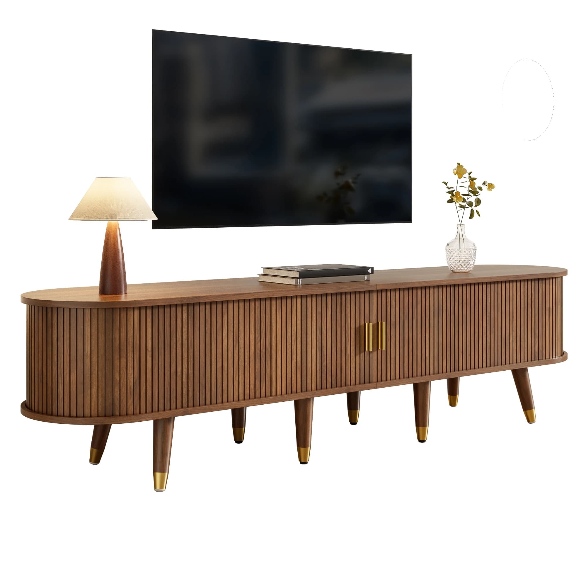 Mueble para TV de 175 cm con puerta corredera de ratán, acabado en nogal y gran espacio de almacenamiento – Mesa de TV estilo rústico de MDF con