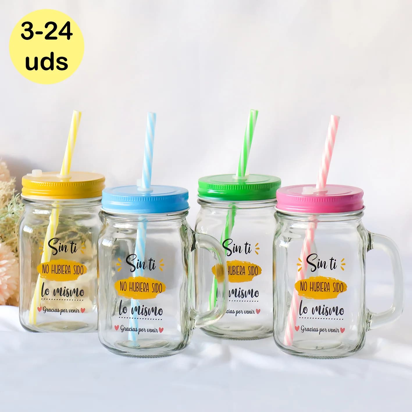 Lote de 3 a 24 unidades de jarras boda invitados, jarras de cristal con pajita, detalles para invitados de boda, Regalos para niños invitados,