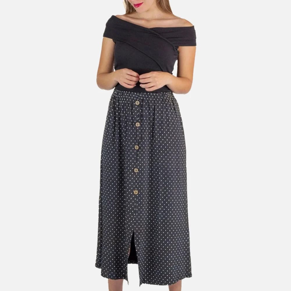 Falda Midi de Lunares con Botones Delanteros – Cintura Elástica y Varios Colores Le Côté Chic