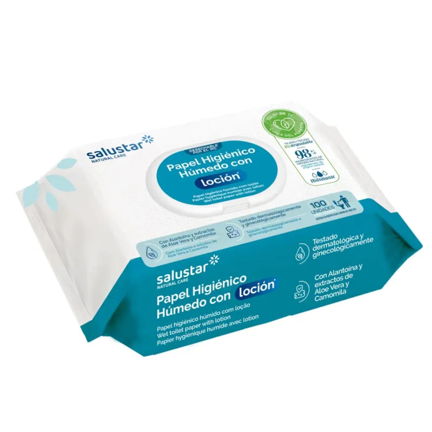 10 Packs Papel Higiénico Húmedo Salustar con Loción Hidratante 100 Unidades, 98% Ingredientes Naturales, Biodegradable y Desechable por WC -