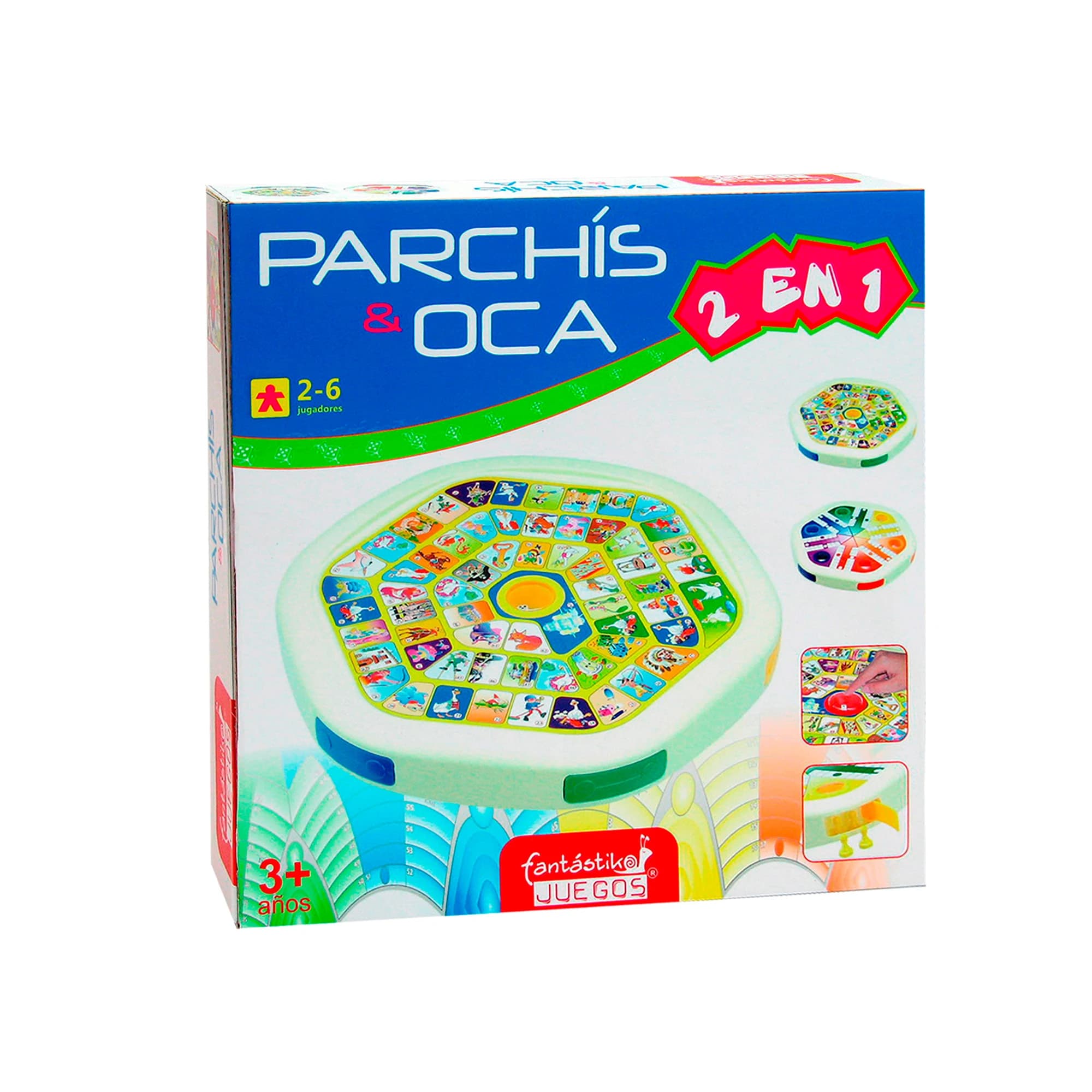 UD - Fantastiko Oca y Parchis  2 en 1  ,37X35CM Tablero resistente y portátil,Sistema de dados integrado , ideal para grupos hasta 6personas