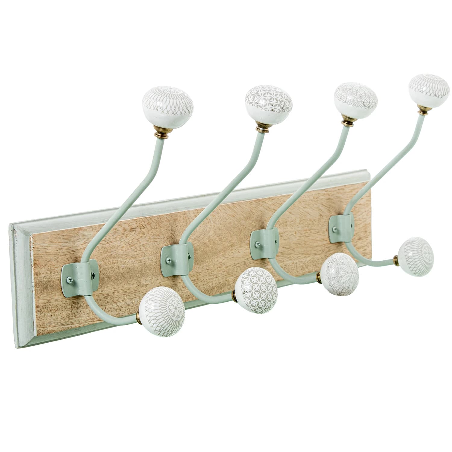 Perchero pared madera mango con 4 ganchos hierro, ceramica 48x14x19cm base: 48x2x10cm
