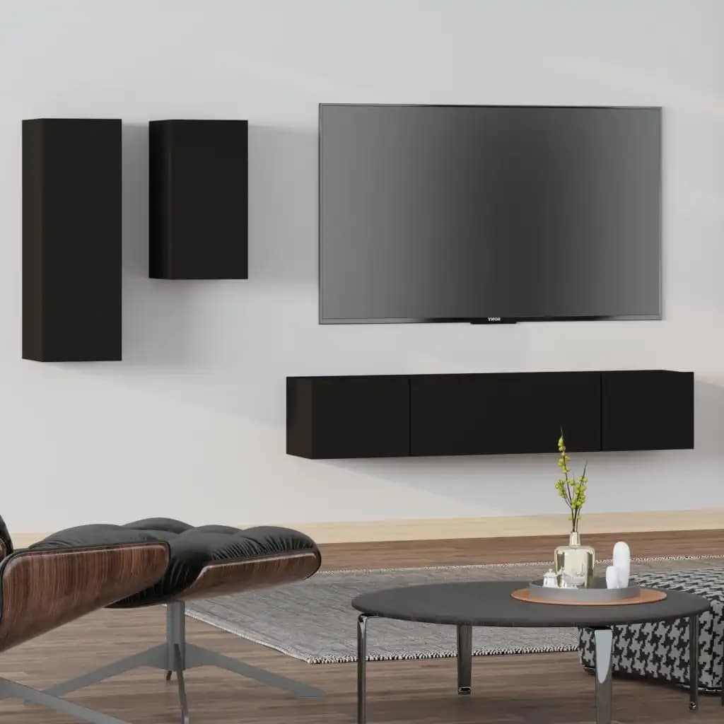 Set de muebles para TV 4 piezas madera contrachapada negro