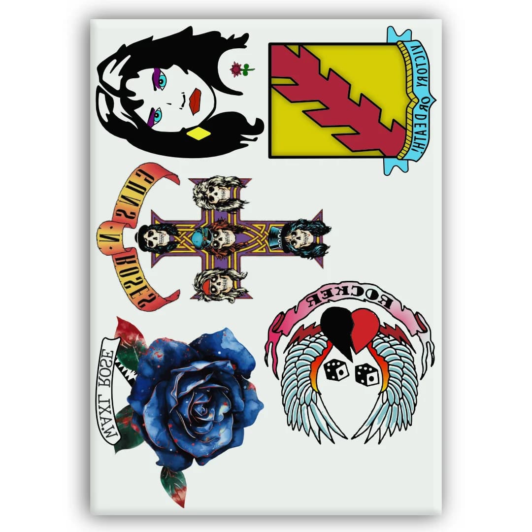 Set de Calcomanías de Axl Rose - Tatuajes Temporales para Disfraz - Carnaval - Halloween - Cosplay