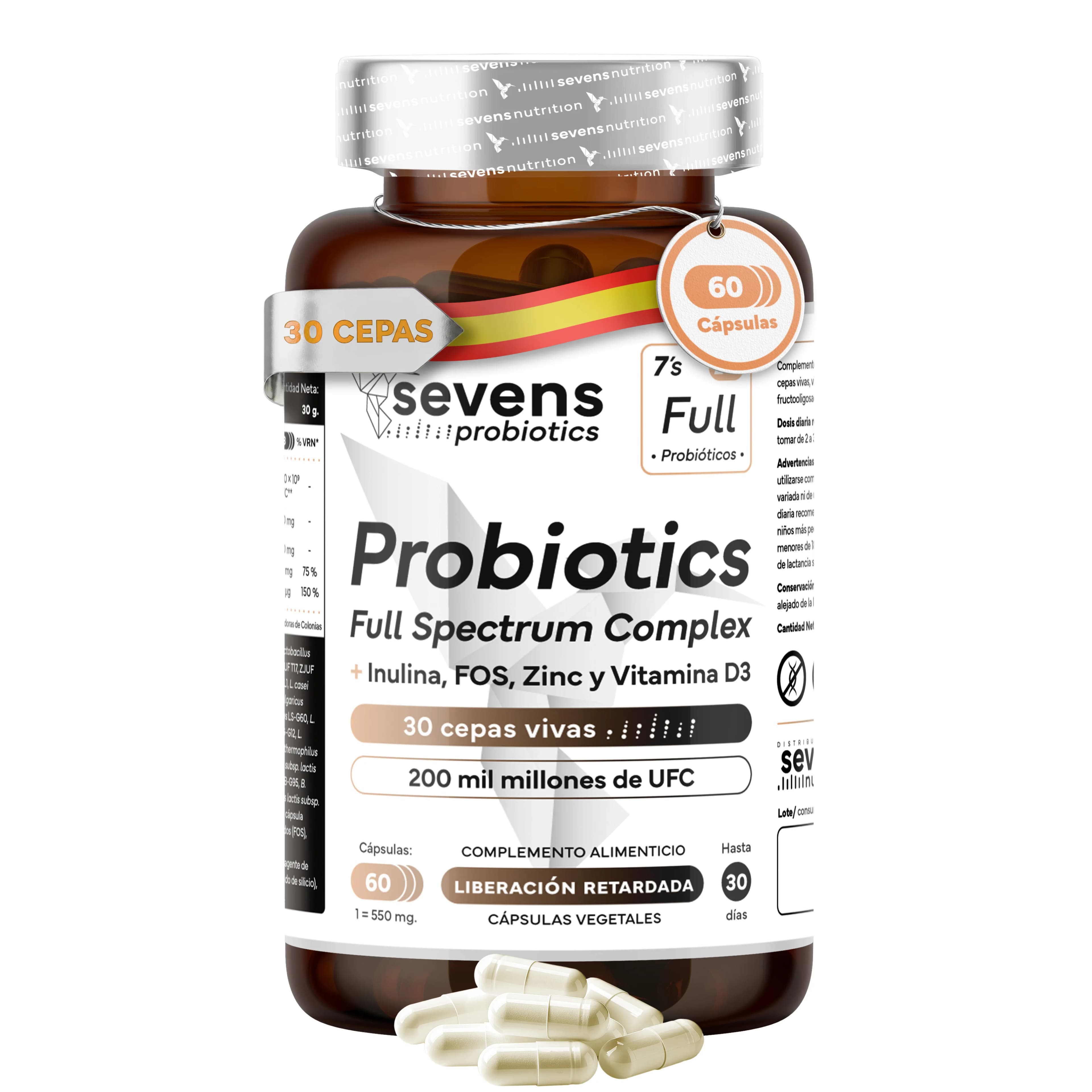 Probióticos y prebióticos 30 Cepas – 60 Cápsulas – Con Inulina, Zinc y Vitamina D – Sevens Nutrition