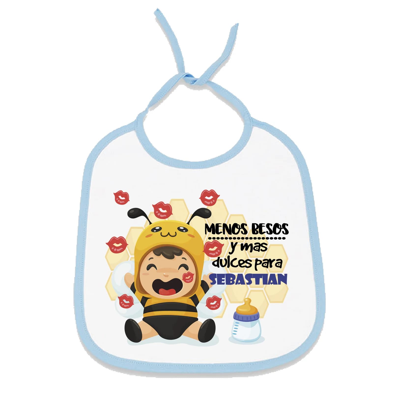 Babero personalizado menos besos y más dulces abeja con el nombre de tu bebé. Regalo original personalizado para tu bebé. Medidas 24 x 29 cm.