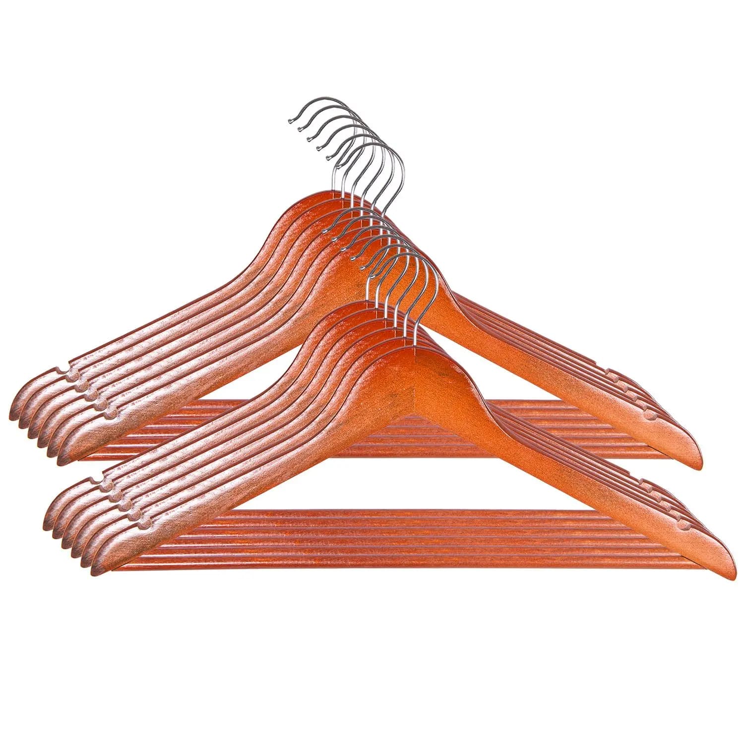 Perchas de Madera Color Caoba, Barra para Pantalón y Muescas en Hombros.  Pack de 96 Perchas Antideslizantes con Gancho Giratorio, para Camisas,
