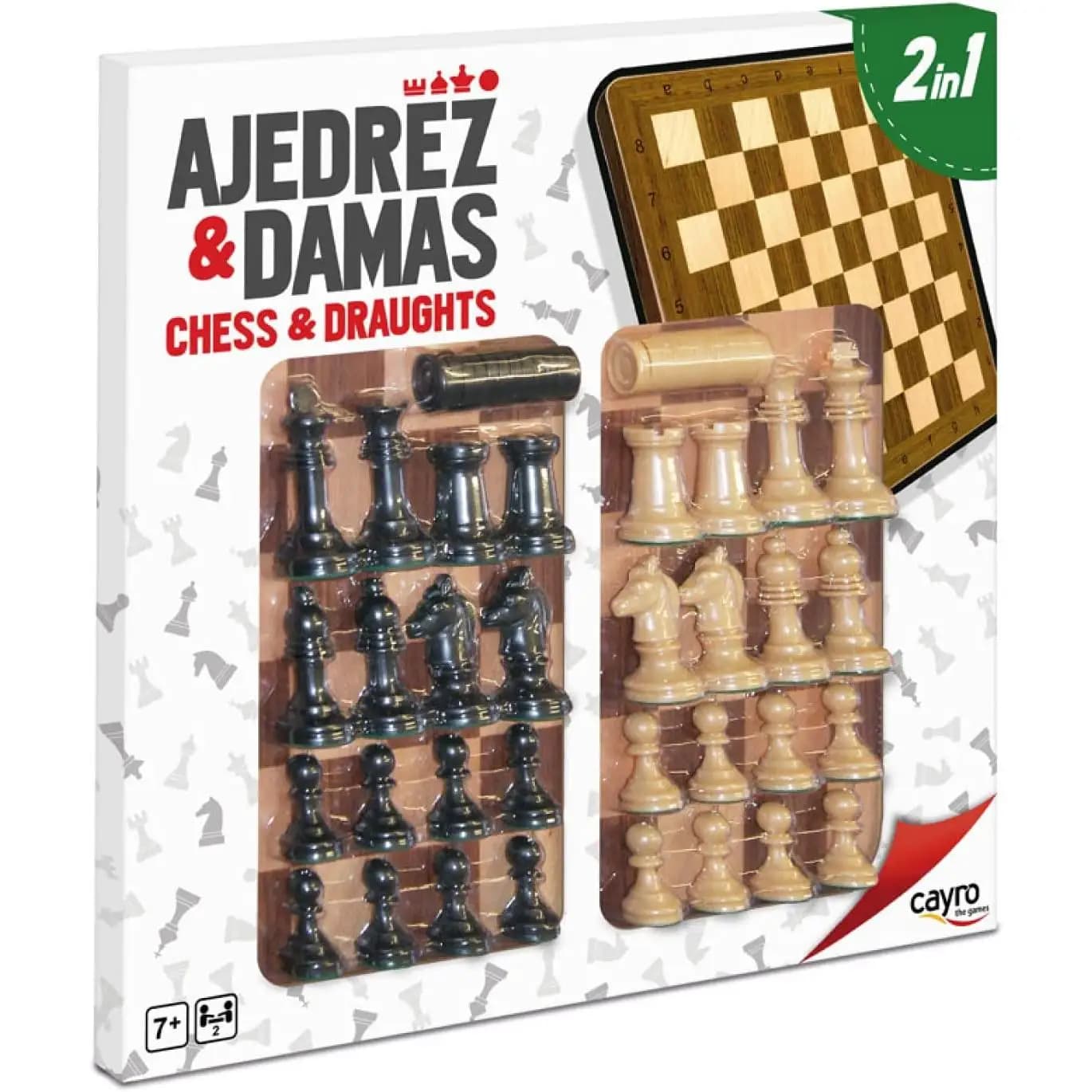 Cayro - Juego  Ajedrez y Damas con Tablero de Madera -Juego  Clásico de Mesa - con 48 Piezas en 2 Colores -