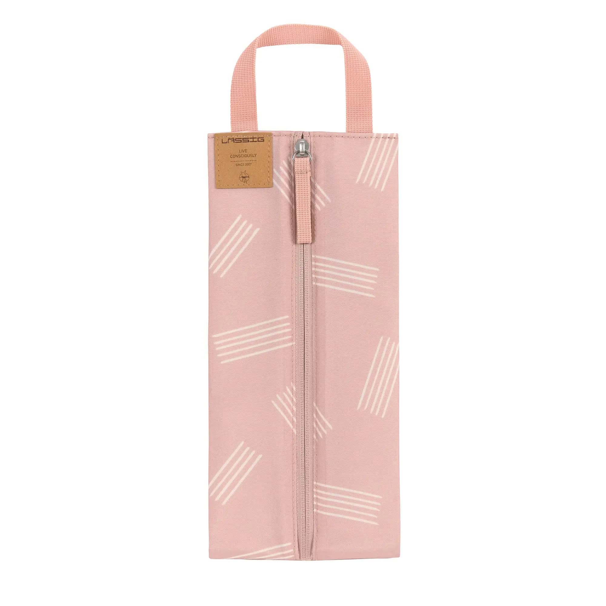 Bolsa térmica con rayas suaves en rosa. Diseñada para conservar la temperatura de los alimentos del bebé.