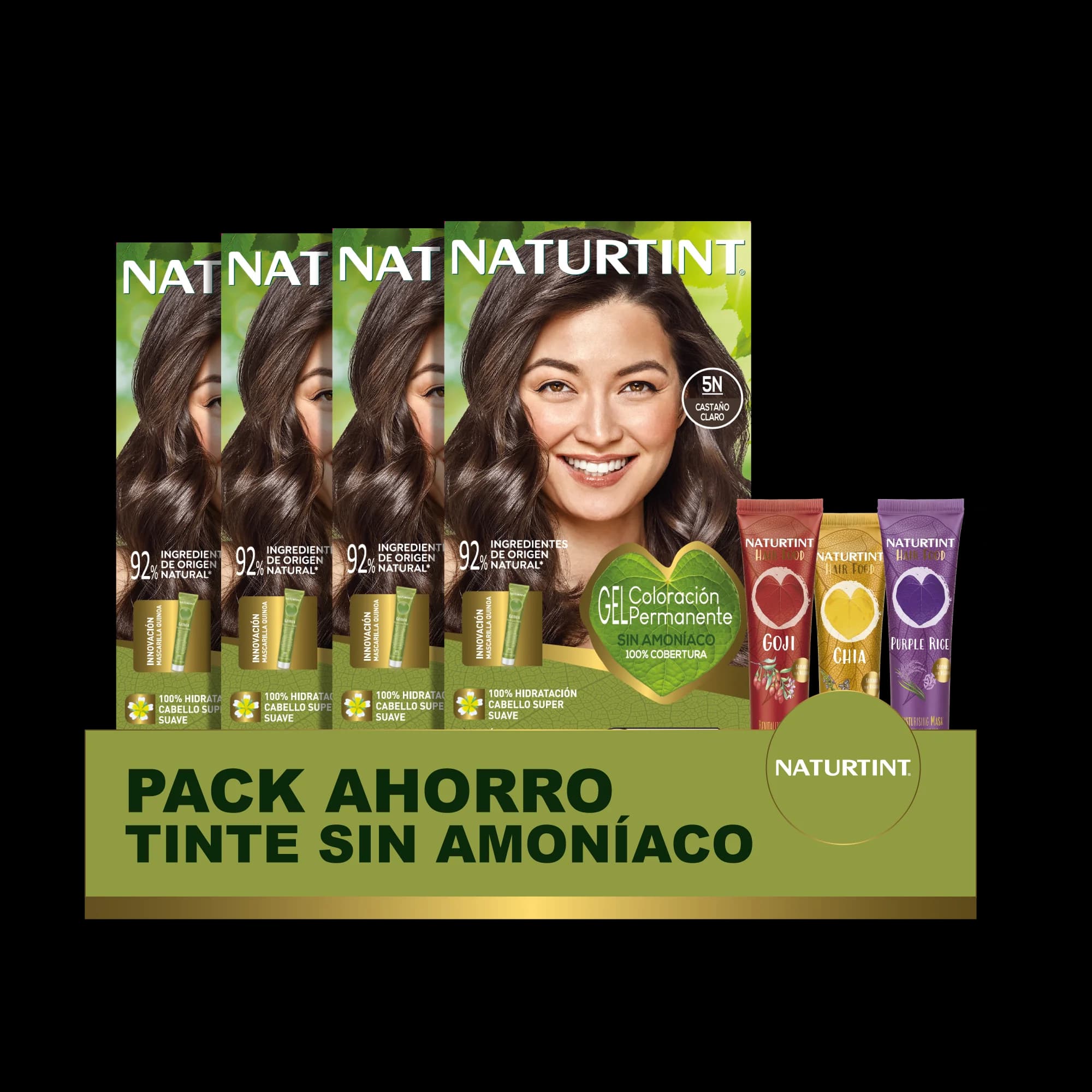 NATURTINT Biobased, Coloración Permanente Sin Amoniaco Pack de 4  + Extra Hairfood Mascarilla 90ml, 100% Cobertura de Canas, Tinte para el Cabello