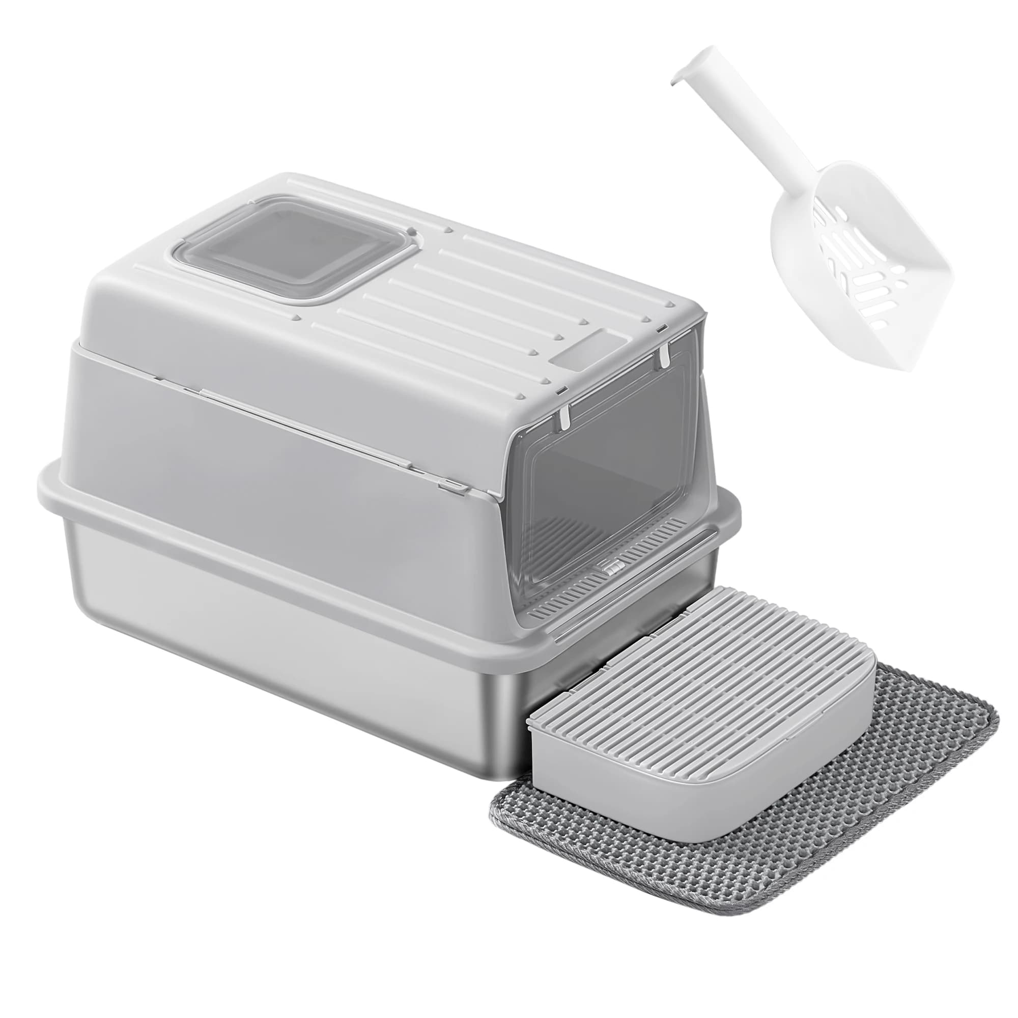 Feandrea Arenero para Gatos de Acero Inoxidable, Caja de Arena con Tapa, Incluye Pala, Alfombrilla y Dos Accesos, para Gatos de hasta 15 kg, Gris