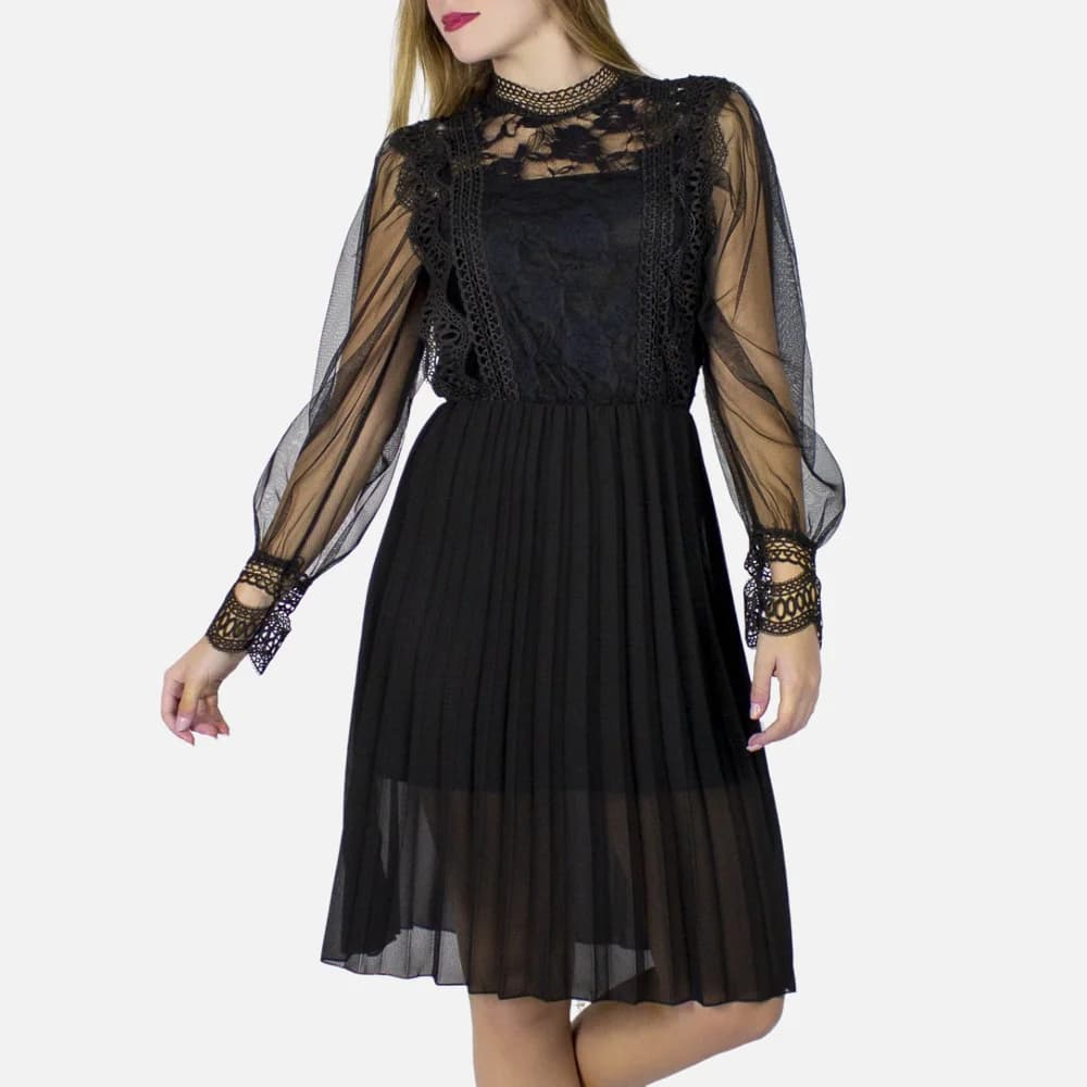 Vestido de cóctel de tul, negro con mangas transparentes, ajustado en cintura, estiloso y elegante, ropa formal de mujer Le Côté Chic