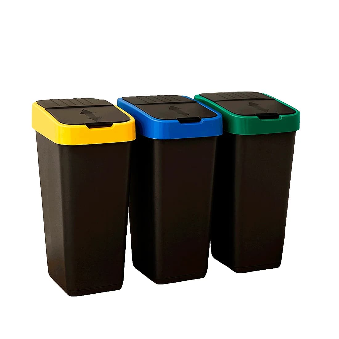 Papelera de Reciclaje con Tapa Abatible. Set de 3 Unidades en Amarillo, Azul y Verde.