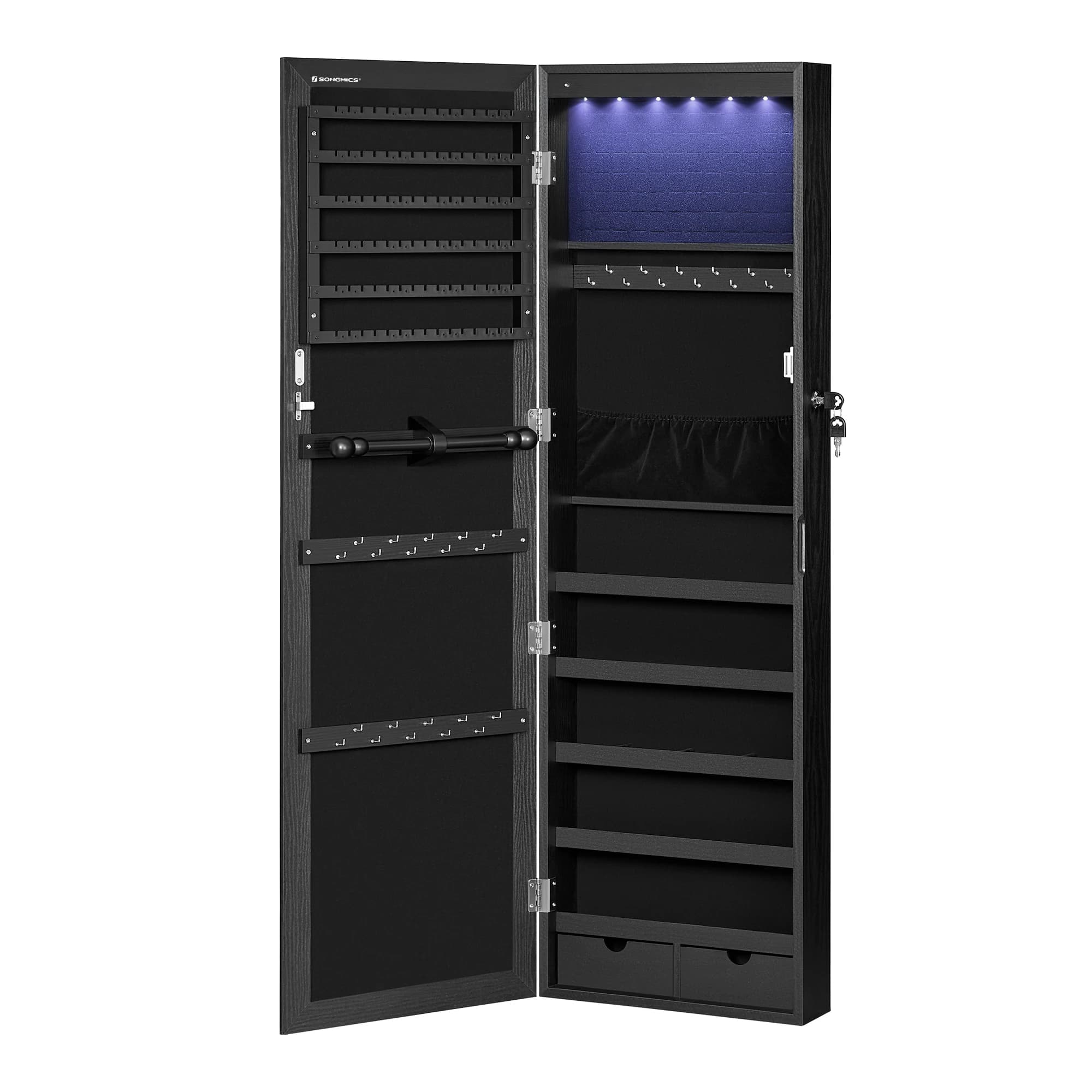 SONGMICS Armario para Joyas, Espejo Joyero de Pared, con Luces LED y Cierre, Organizador de para Pendiente, Collar, Espejo y Varios Compartimentos,