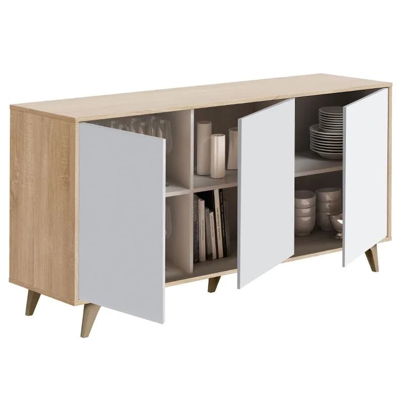 Miroytengo Pack Muebles De Salón Kikua Plus Estilo Nórdico Roble Y Blanco Artik (mesa Tv + Estante + Vitrina + Aparador)