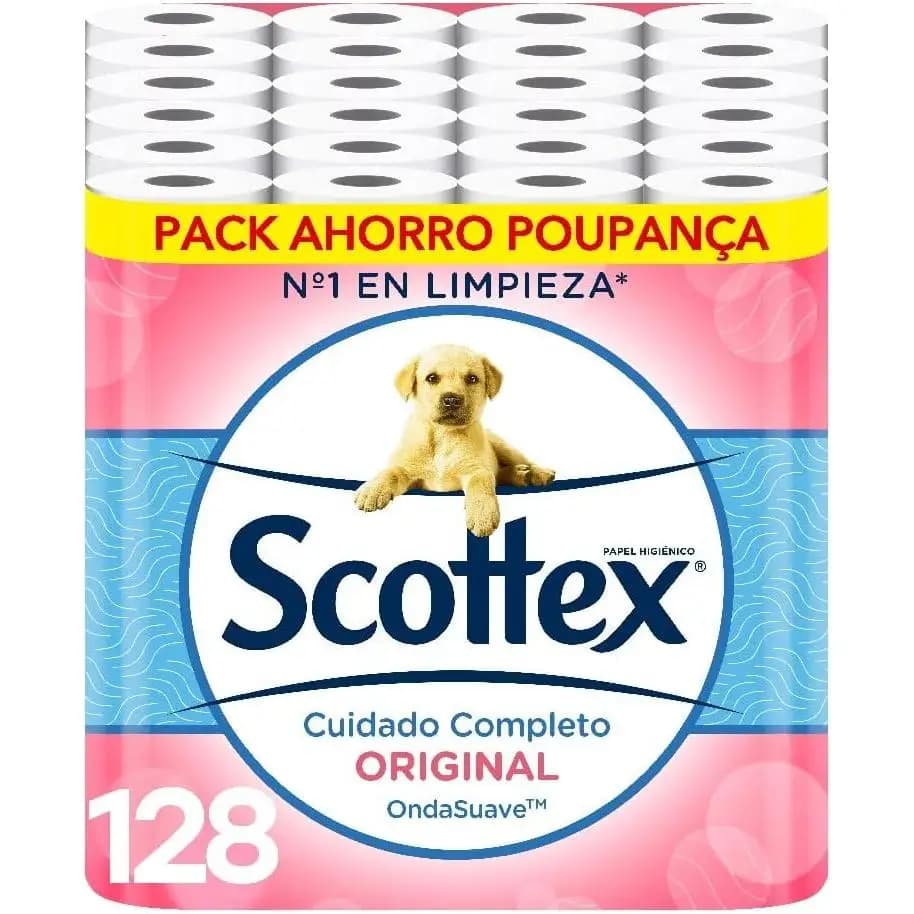 PAPEL HIGIENICO SCOTTEX PACK SUPER AHORRO 128 UNIDADES 2 CAPAS HIGIENE Y SUAVIDAD