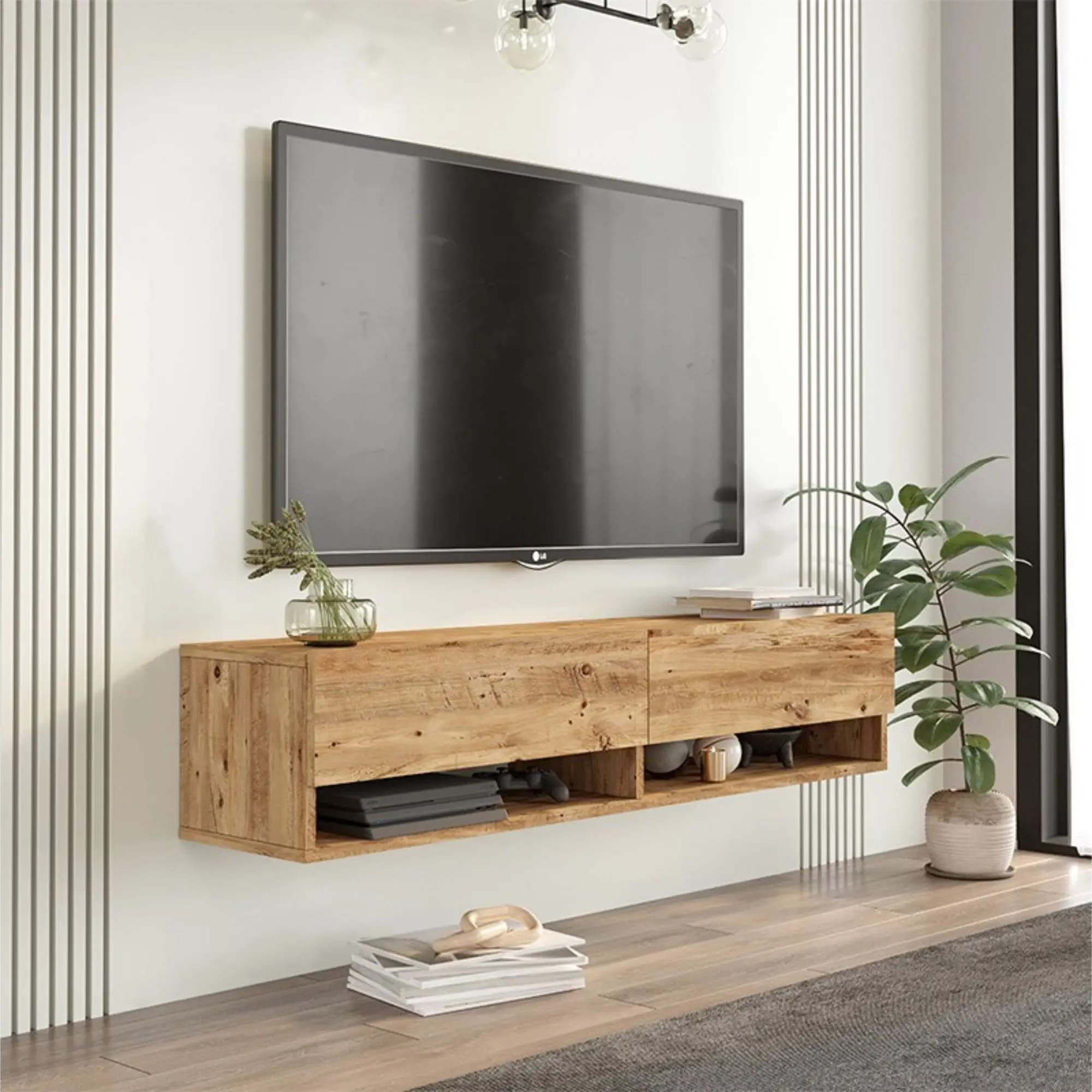 Meyvaser.com Ecommerce Company Mueble TV de Pared Color Roble 140x31.6x29.6 cm - 2 Puertas y Estantes - Estilo Moderno y Funcional.