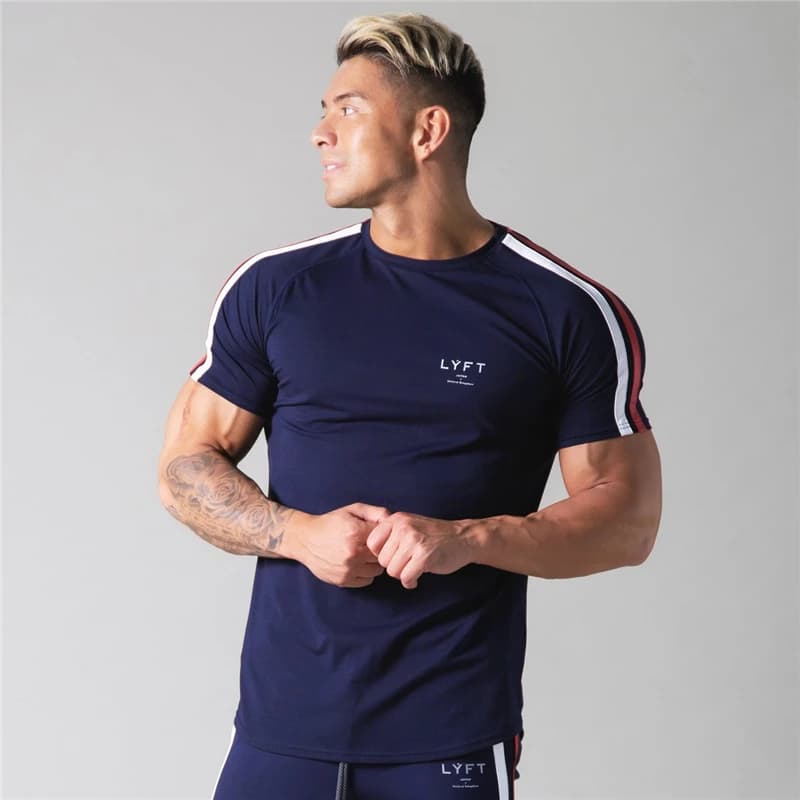 Camiseta a rayas laterales para gimnasio, correr, camisetas deportivas de manga corta, culturismo, Fitness, Camiseta de algodón para entrenamiento