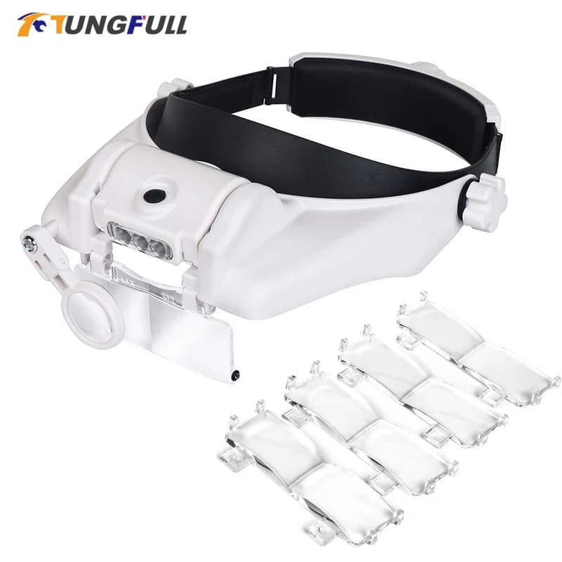 TUNGFULL-lupa de gafas para relojero, herramienta de reparación, lupa LED, diadema, lupa, 1,5x2x2,5x3x3,5x8
