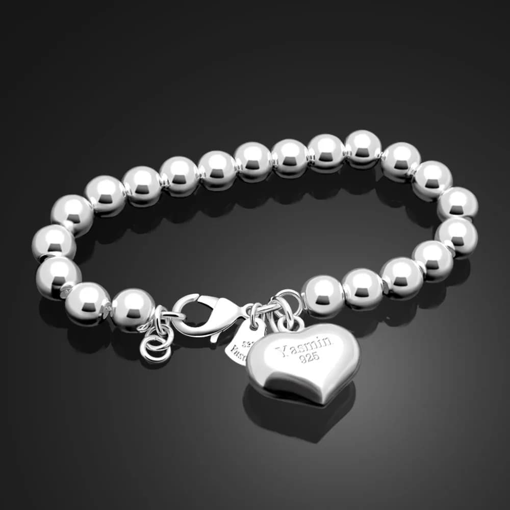 Brazalete clásico de plata sólida 925 con cuentas apilables, pulseras para mujer, pulsera con colgante de corazón, brazaletes