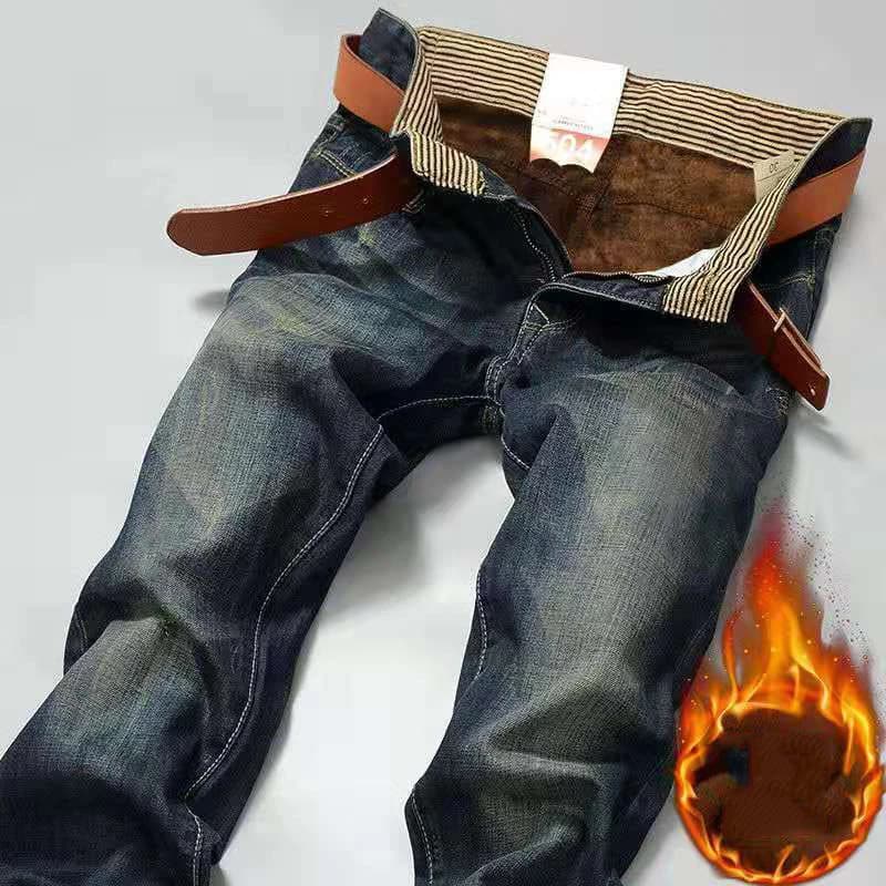 Pantalones vaqueros elásticos de franela térmica cálida para otoño e invierno para hombre, pantalones de lana famosos de calidad, pantalones