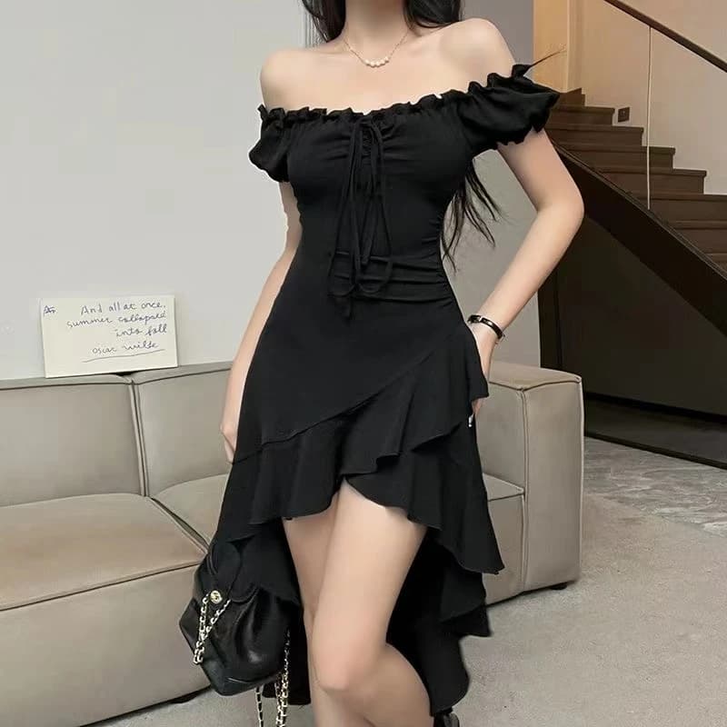 Vestido negro de verano acampanado para mujer, ropa de calle sexi con hombros descubiertos, mangas cortas con volantes, vestidos de longitud media,