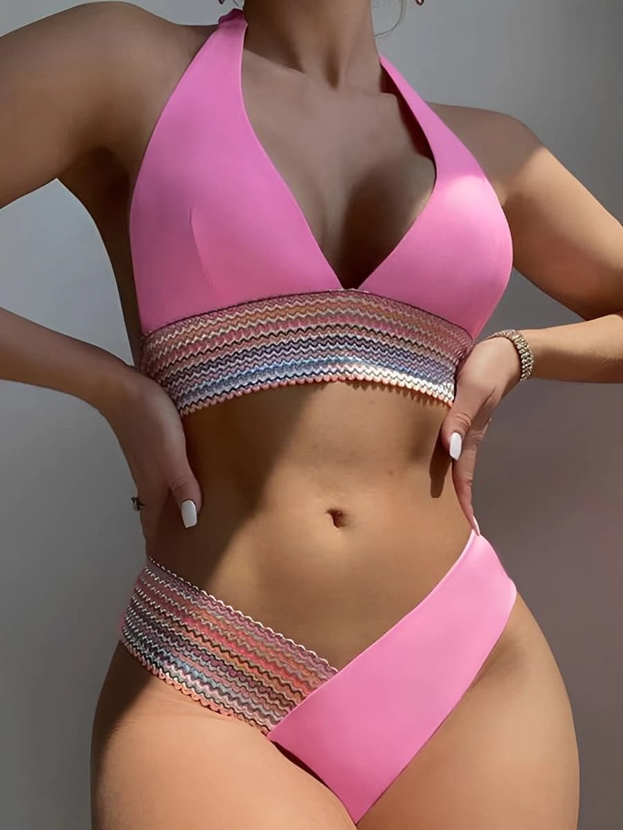 Bikini con cuello Halter 2025, traje de baño liso con vendaje para mujer, traje de baño acolchado de corte alto, bañadores para mujer, traje de