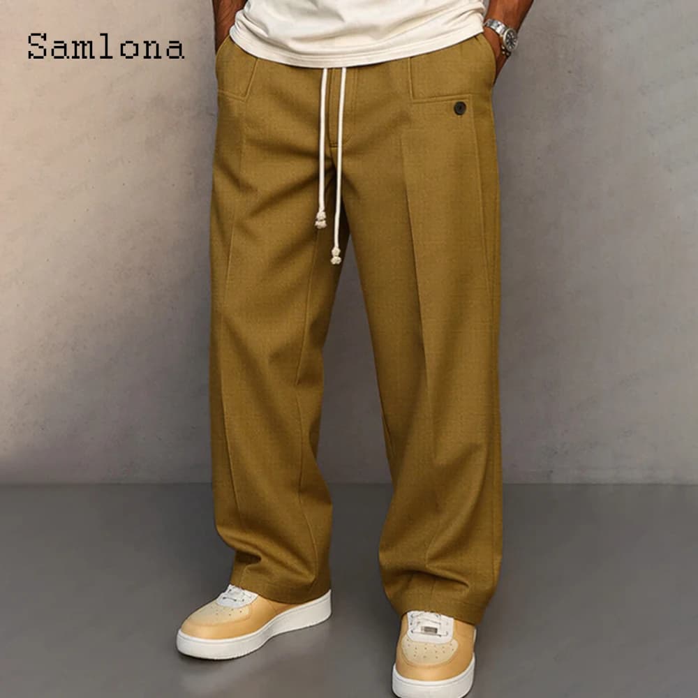 2025 Pantalones rectos informales con bolsillo levantado para hombre, talla grande 3xl, pantalones holgados con cordón, pantalones hasta el tobillo