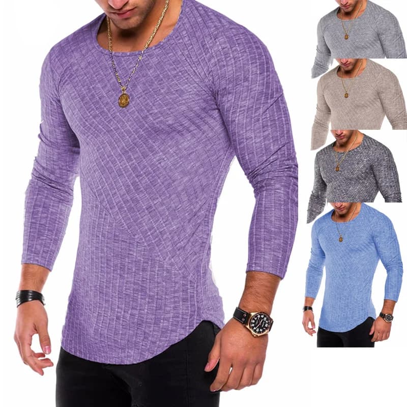 Suéter de base fina de punto para hombre con diseño de dobladillo curvo, cuello redondo, ajuste ajustado, camiseta elástica de manga larga, suéter