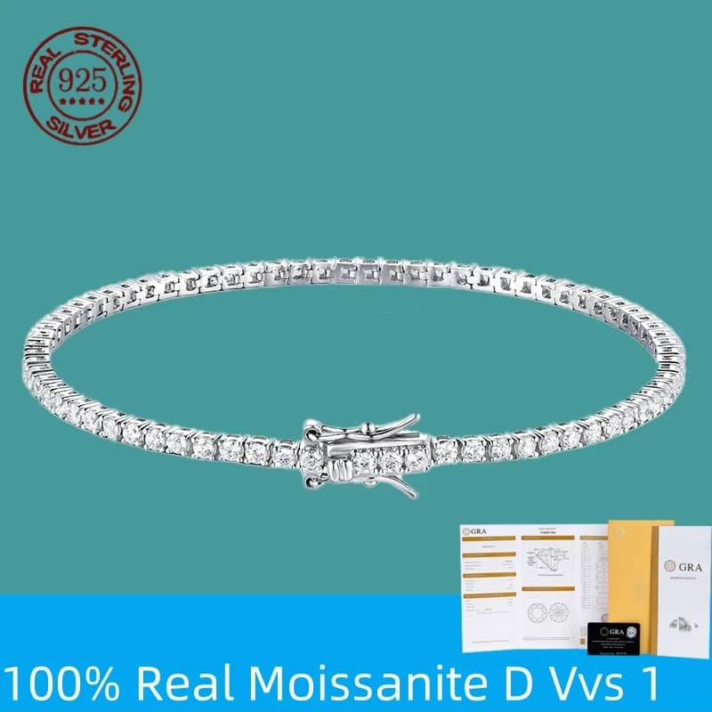 100% plata de ley S925, pulsera de tenis de moissanita auténtica de 2-6mm para mujer, joyería de boda, regalo exquisito de Navidad