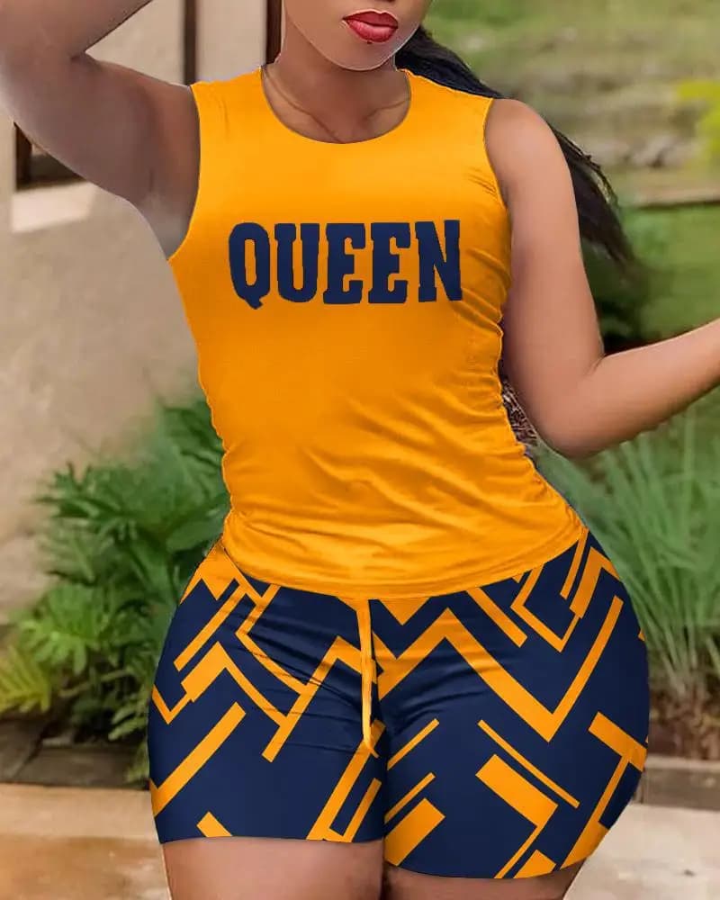 Conjunto de 2 piezas de camiseta sin mangas y pantalones cortos para mujer, Top con letras, pantalones cortos para Fitness y trotar, traje informal