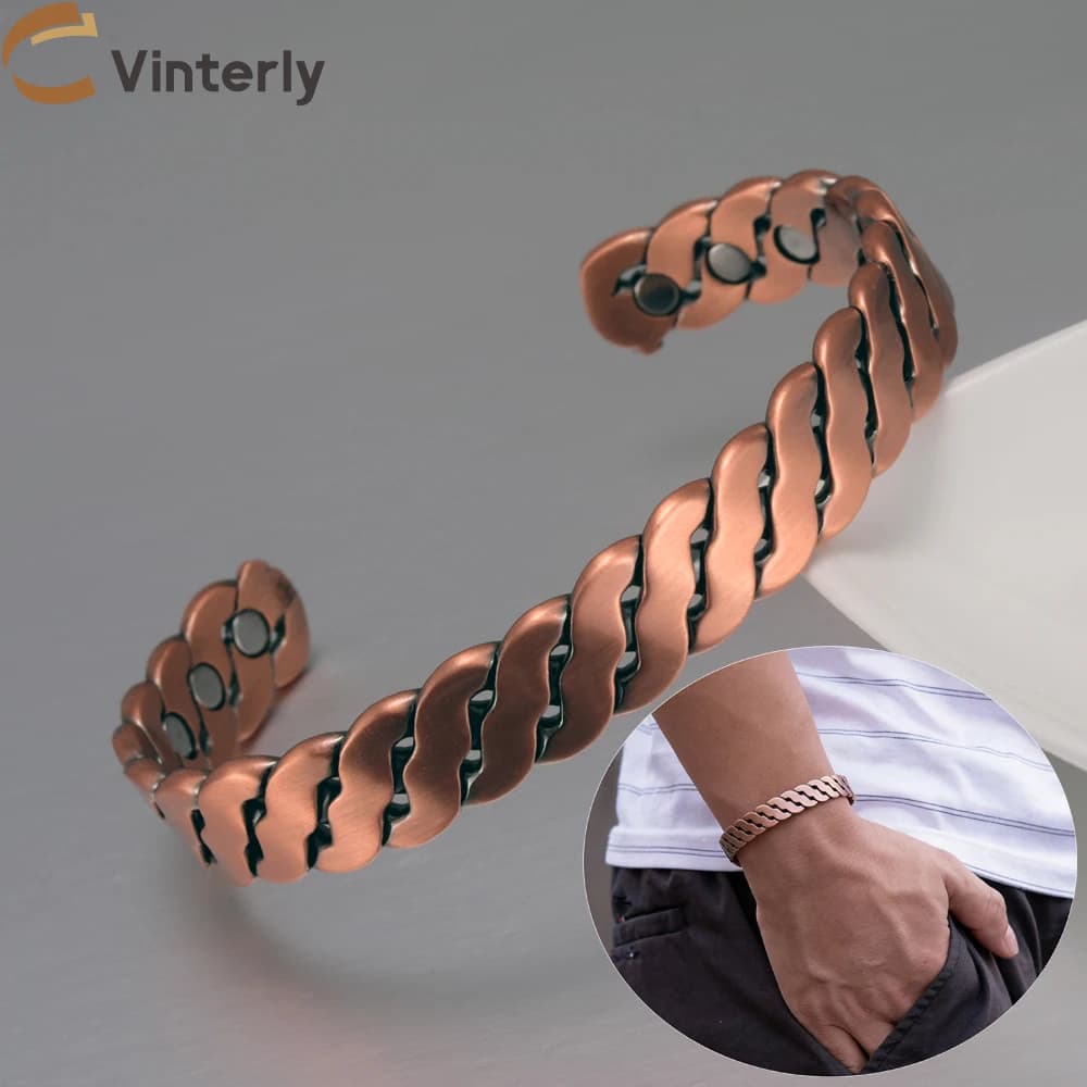 Pulseras de Cobre Puro Vinterly, Trenzadas a Mano, Ajustables de 12 mm, Joyería Magnética de Alta Energía para la Salud, Brazalete Redimensionable