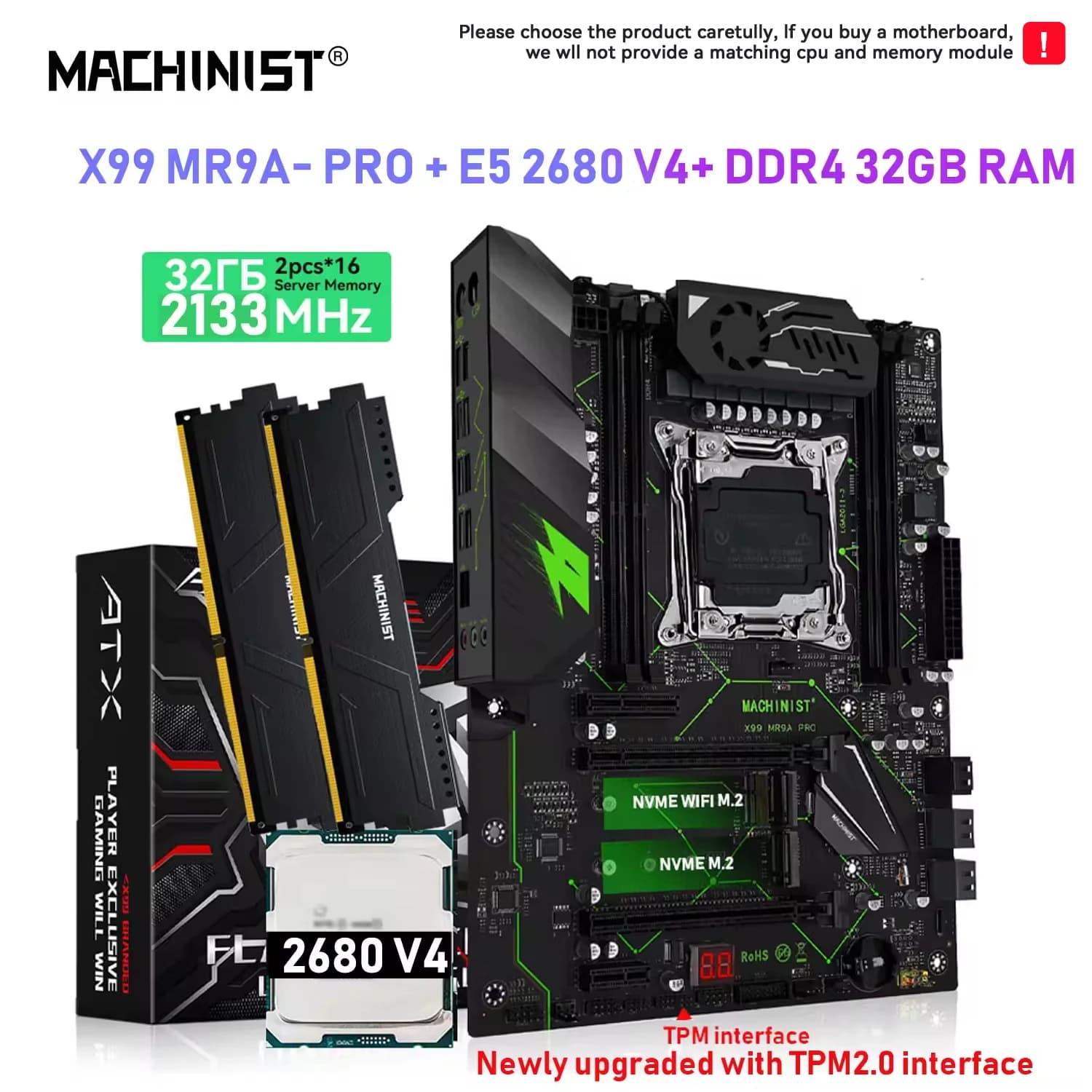 Placa Base MACHINIST X99 MR9A PRO, Kit Opcional, LGA2011-3, CPU Xeon E5-2680 V4, Memoria DDR4 2x16G=32GB, Doble NVMe M.2, Cuatro Canales