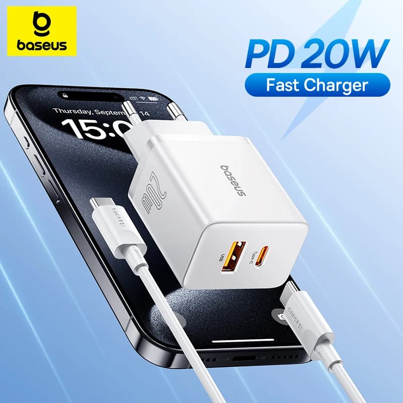 Baseus-cargador USB de 20W, puerto de carga Dual, compatible con tipo C PD, cargador de teléfono de carga rápida para iPhone 15 14 13 12 Pro Max 11