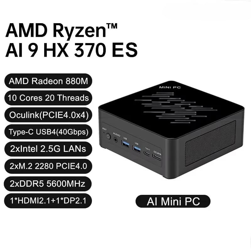 Mini PC para juegos Topton AMD Ryzen AI 9 H 465 HX 370 ES AI 7 ES OCuLink 2x2.5G LAN, computadora de escritorio con Windows 11 y WiFi6E para Open Claw