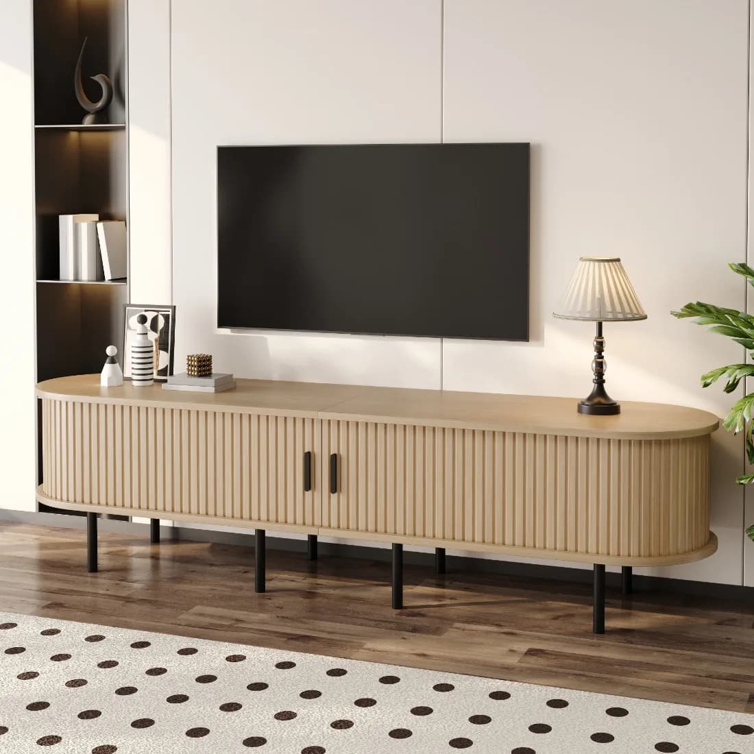 Mueble para TV con Ranuras, Puertas Corredizas, MDF con Patas Metálicas, Esquinas Redondeadas, Moderno