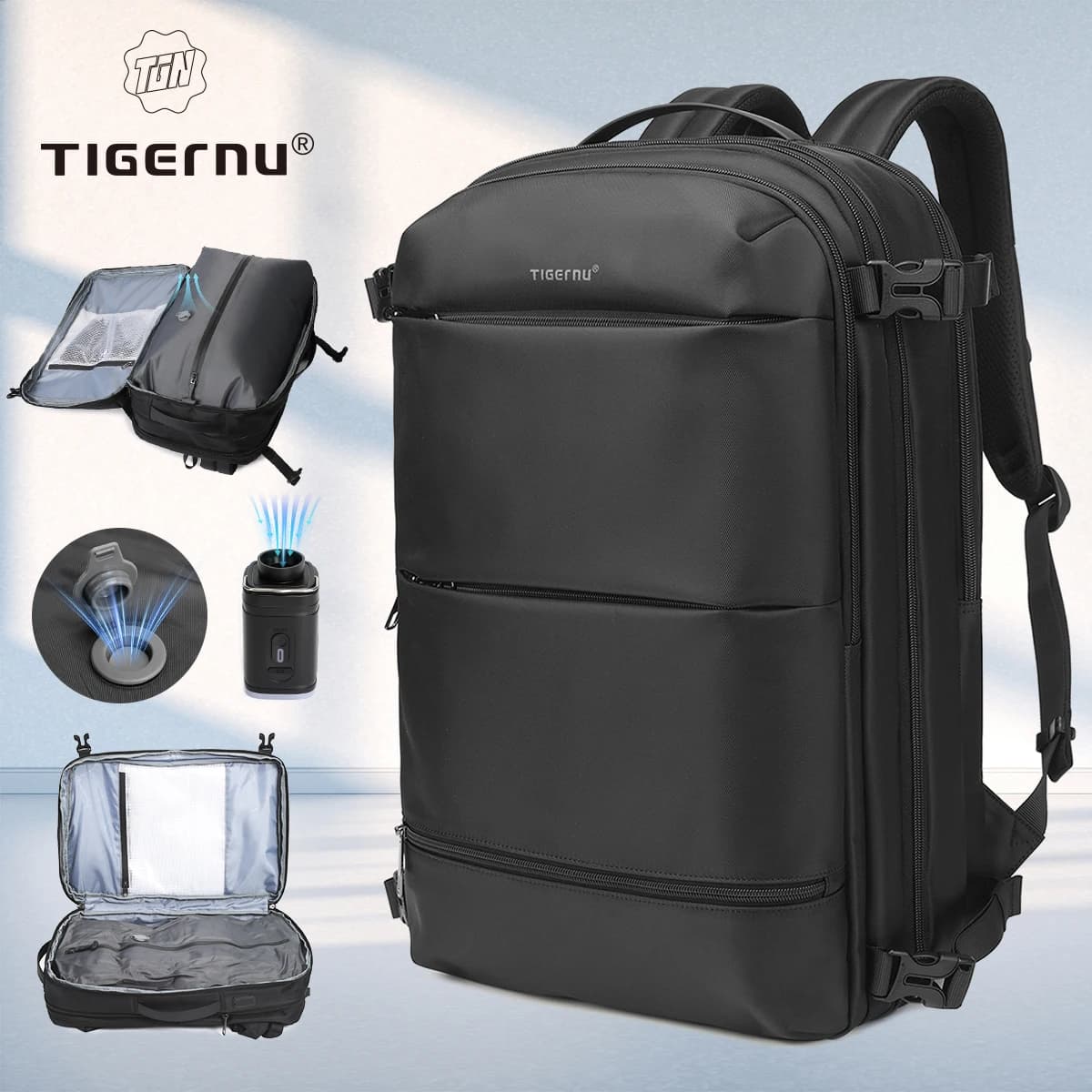 Mochilas Tigernu con compresión al vacío, mochila de viaje para hombre, bolsa USB expandible, bolsas para ordenador portátil de gran capacidad 17,