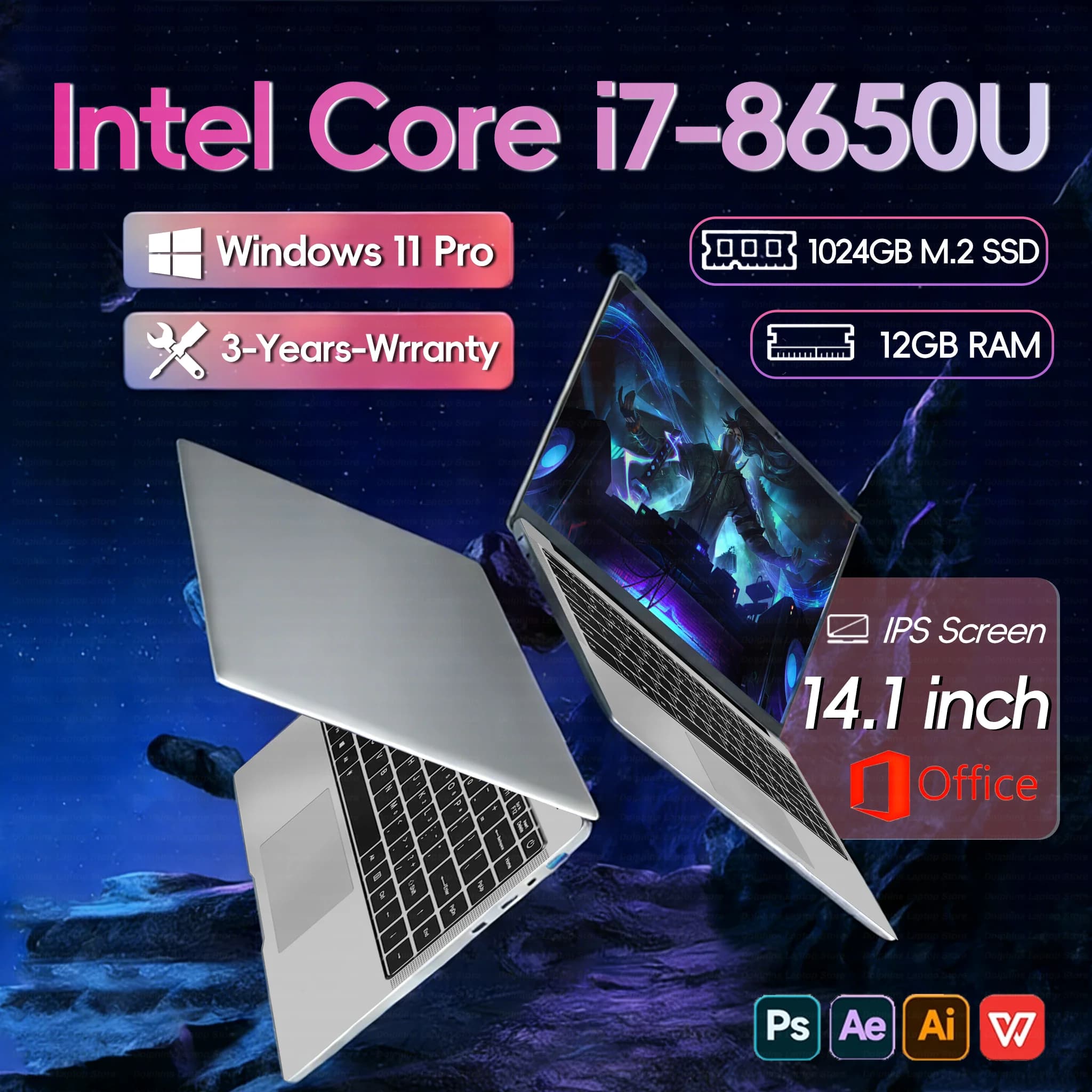 Computadora portátil de 14.1 pulgadas, Intel Core i7 8650U de doble núcleo, 12GB de RAM, 512GB/1TB/2TB SSD, Windows 11, portátil para juegos.