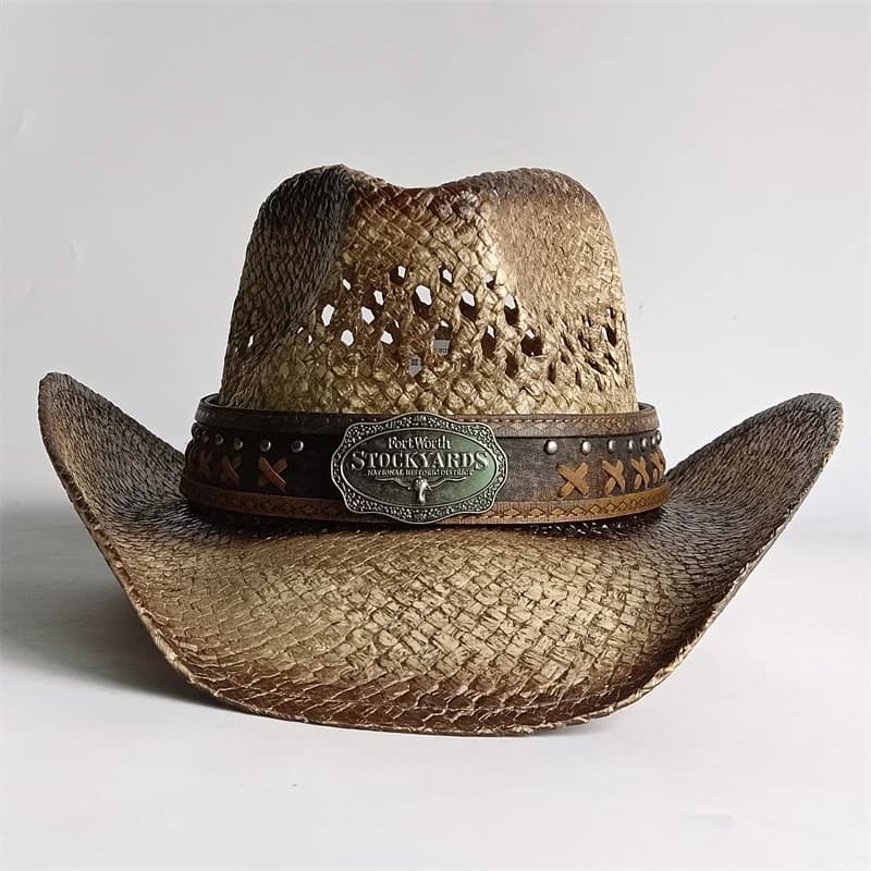 Stockyards Bullhead sombrero de vaquero de Metal para hombre y mujer, sombrero de playa tejido de paja hecho a mano occidental Vintage para caballero,