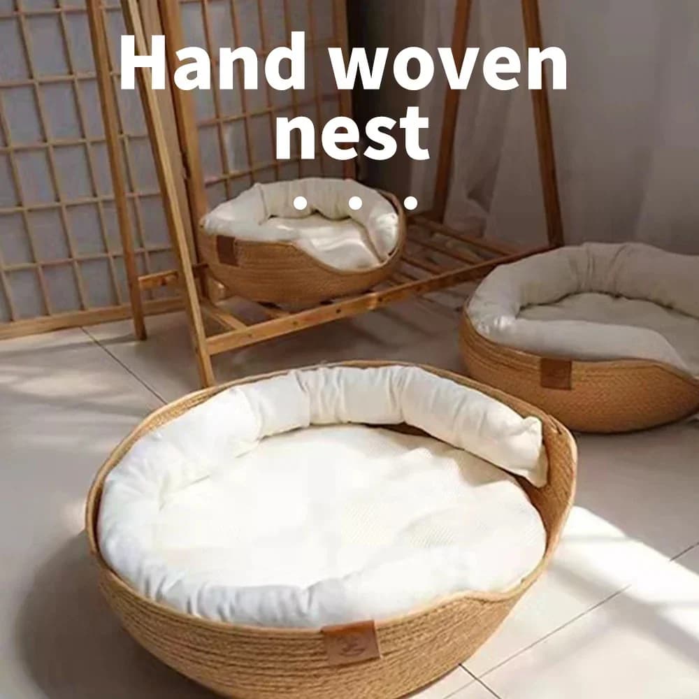 Cama redonda de paja tejida para perros, cesta desmontable para mascotas, sofá para dormir profundo, perrera para mascotas, cestas nido tejidas a