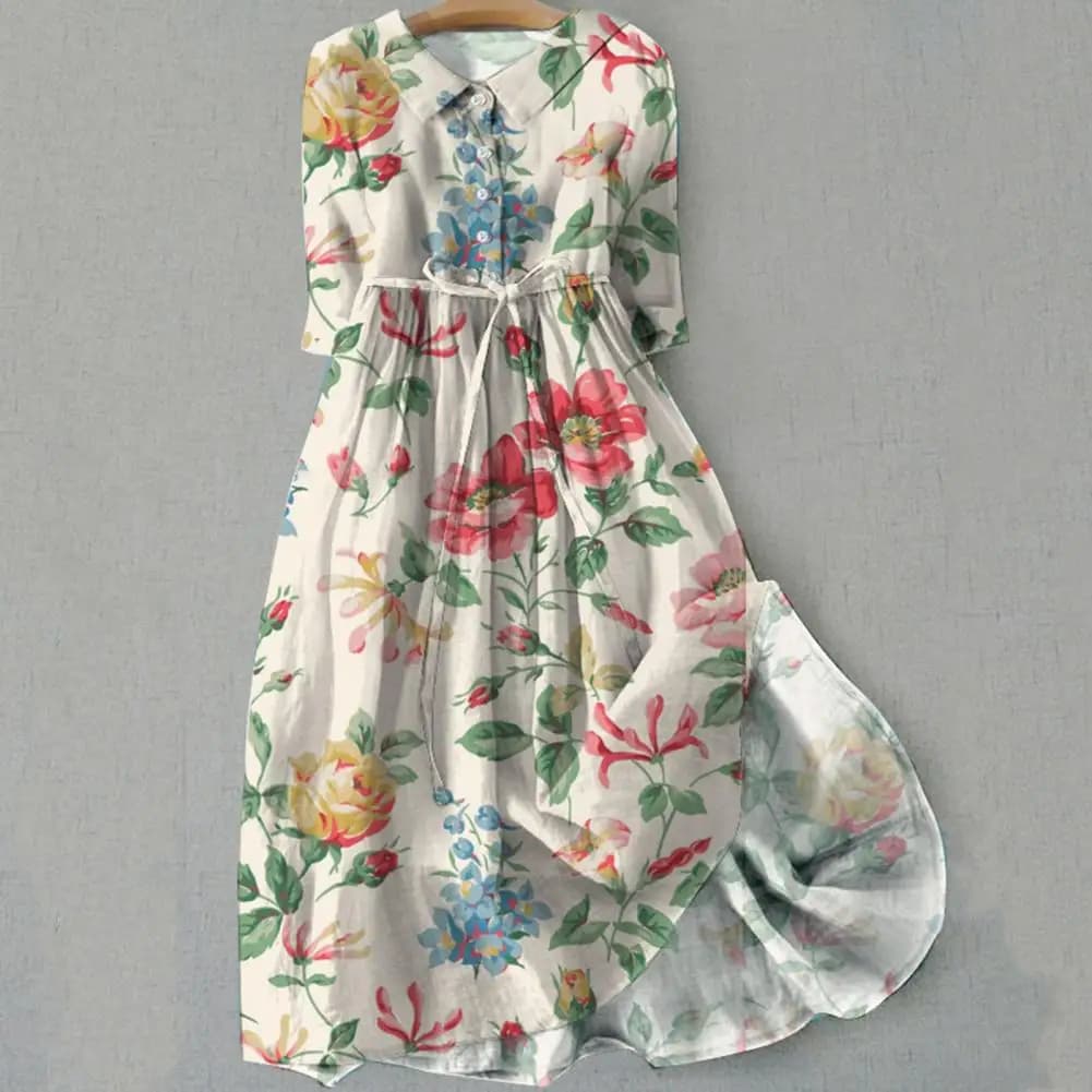 Vestido acampanado, vestido midi bohemio con estampado floral y detalle de cordones, silueta acampanada para mujer, declaración de moda de primavera