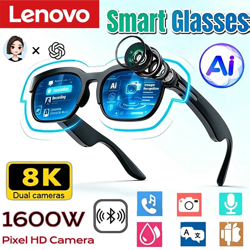 Lentes Inteligentes Lenovo 2026, Traducción por IA, Conversación Bluetooth, Grabación, Escucha de Música, Lentes de Sol Inteligentes para Hombre y