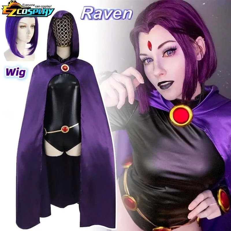Disfraz de Cosplay de Teen Titans Raven, mono de lujo, capa, cinturón, uniforme de Halloween para mujer, XS-3XL